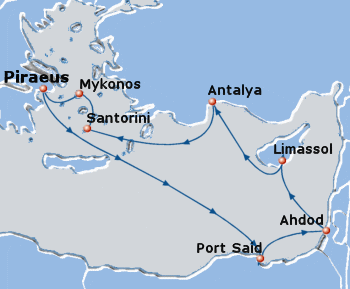 Map of the 7-day cruise 3 Continents 5 Countries: Piraeus, Alexandria, Porrt Said, Ashdod, Limassol, Antalya, Santorini, Mykonos