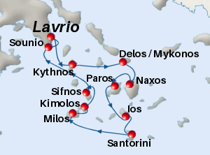 Map of the Easter Vibes cruise from Athens to the Greek islands